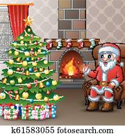 Canta claus sitting in sofa near decorated pine tree and the box gifts Canta claus sitting in sofa near decorated pine tree and the box gifts