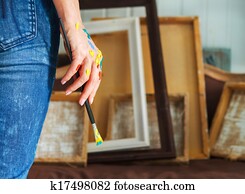 closeup, de, um, artista, passe segurar, pincel