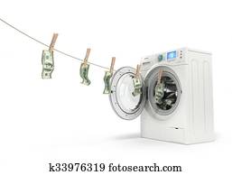 concept of money laundering, money hanging on a rope coming out of the washing machine