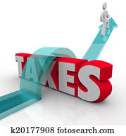 Taxes word in red 3d letters under a man on an arrow jumping over it to avoid paying money that is owed to the government Taxes word in red 3d letters under a man on an arrow jumping over it to avoid paying money that is owed to the government