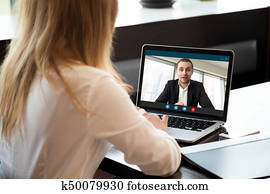 אישת עסקים, לעשות, וידאו, התקשר, ל, עסק, partner,, מצלמה לרשת, שחח