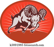 Bighorn sheep or ram attacking with sunburst in the background set inside an oval. Bighorn sheep or ram attacking with sunburst in the background set inside an oval.
