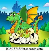 Dragon mom with baby in forest Dragon mom with baby in forest