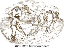 Farmer and horse plowing the field with barn farmhouse Farmer and horse plowing the field with barn farmhouse