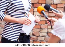 imprensa, interview., notícia, conference., Microphones.