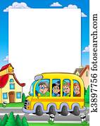 School frame with bus and kids School frame with bus and kids