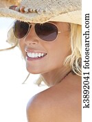 Sexy Blond Girl In Aviator Sunglasses and Straw Cowboy Hat