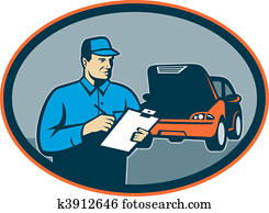 Automobile car repair mechanic with clipboard set inside an oval. Automobile car repair mechanic with clipboard set inside an oval.
