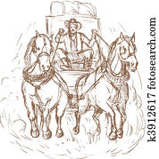 Cowboy stagecoach driver and horses front view isolated on white. Cowboy stagecoach driver and horses front view isolated on white.
