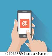 Hand touching smart phone with Email symbol on the screen Hand touching smart phone with Email symbol on the screen