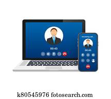 Incoming video call on laptop. Laptop with incoming call, man profile picture and accept decline buttons. Vector stock illustration.