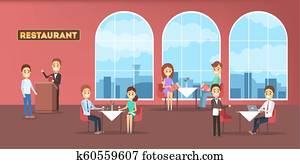 Restaurant interior in a hotel with people inside.