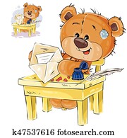 Vector illustration of a brown teddy bear sitting at the table, put in a mail envelope written love letter Vector illustration of a brown teddy bear sitting at the table, put in a mail envelope written love letter