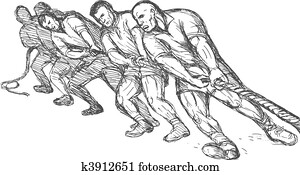 équipe, ou, groupe hommes, traction, corde, tirer guerre