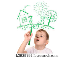 boy drawing  his family by felt-tip pen, collage