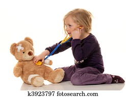 criança, com, um, estetoscópio, como, um, doutor., pediatra, examinado, pacientes