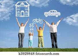 family of four on grass with hands up and dream, collage family of four on grass with hands up and dream, collage