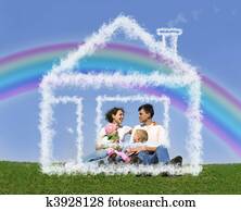 family of four sitting in dream house and rainbow collage