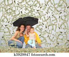 family wih little girl with umbrella under dollar rain collage