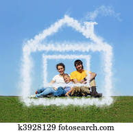 family with son sitting cloud house on meadow collage