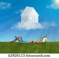 lying couple on grass and dream house collage