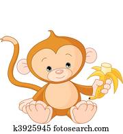 macaco bebê, comer, banana