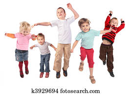 Many jumping children on white
