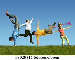 Many jumping people on the grass, collage  