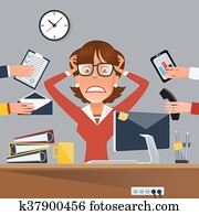 multitasking, genervt, unternehmerin, in, büro- arbeit, place., vektor, abbildung