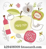 ר.ו.ש. האשאנאה, -jewish, holiday., מסורתי, חופשה, symbols., ראש שנה שמח, ב, עברית