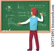 老師, 寫, 上, blackboard., 學校, 教授, 教, 學生, 解釋, 圖表, 公式, 圖, 上, 黑板, 矢量, 插圖