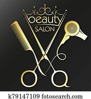 Golden scissors comb and hairdryer for a beauty salon Golden scissors comb and hairdryer for a beauty salon