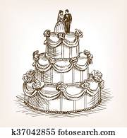 עוגה של חתונה, העבר, צייר, רשום, סיגנון, וקטור