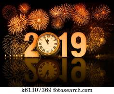 ano novo, 2019, fogos artifício, com, rosto relógio