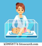 Pediatrician doctor and little newborn baby inside incubator box in hospital. Neonatal, prematurity, child care medical vector concept Pediatrician doctor and little newborn baby inside incubator box in hospital. Neonatal, prematurity, child care medical vector concept