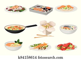 סלמון, מרק, ו, אטריות, עם, שרימפ, כפי, מאכלי ים, צלחות, וקטור, קבע