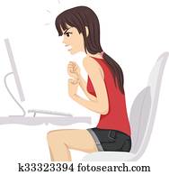 adolescente niña, enojado, computadora, gnomo