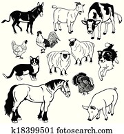 black white set with farm animals black white set with farm animals