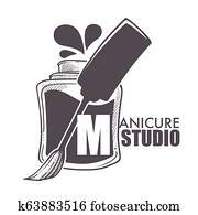 Manicure studio bottle with brush and paint splashes Manicure studio bottle with brush and paint splashes