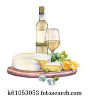 וואטארכולור, בקבוק, ו, כוס של יין, עם, גבינה של כאמאמבארט, ו, ענבים