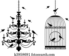 כלוב, ו, נברשת, עם, צפרים