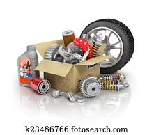Auto parts in the cardbox. Automotive basket shop. Auto parts st Auto parts in the cardbox. Automotive basket shop. Auto parts st