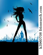 bastante, mujer, silueta, en, naturaleza