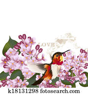 Beautiful vector pattern with lilac flowers and hummingbird Beautiful vector pattern with lilac flowers and hummingbird