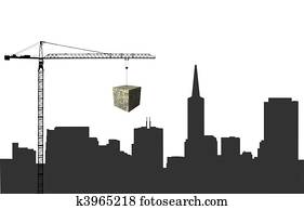 Crane with dollar cube and San Francisco skyline Crane with dollar cube and San Francisco skyline