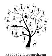 familia, gatos, árbol, 27, negro, siluetas, divertido