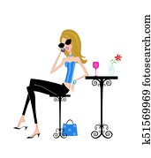 Fashion Illustration of a Stylish Woman at a Sidewalk Cafe on Her Cell Phone Isolated on White Fashion Illustration of a Stylish Woman at a Sidewalk Cafe on Her Cell Phone Isolated on White