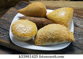 Savory traditional in Brazil, pie, kebab, drumstick, pastel.