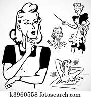 vektor, årgång, kvinnor prata