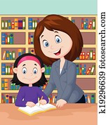 מורה, ציור היתולי, לעזור, תלמיד, למד